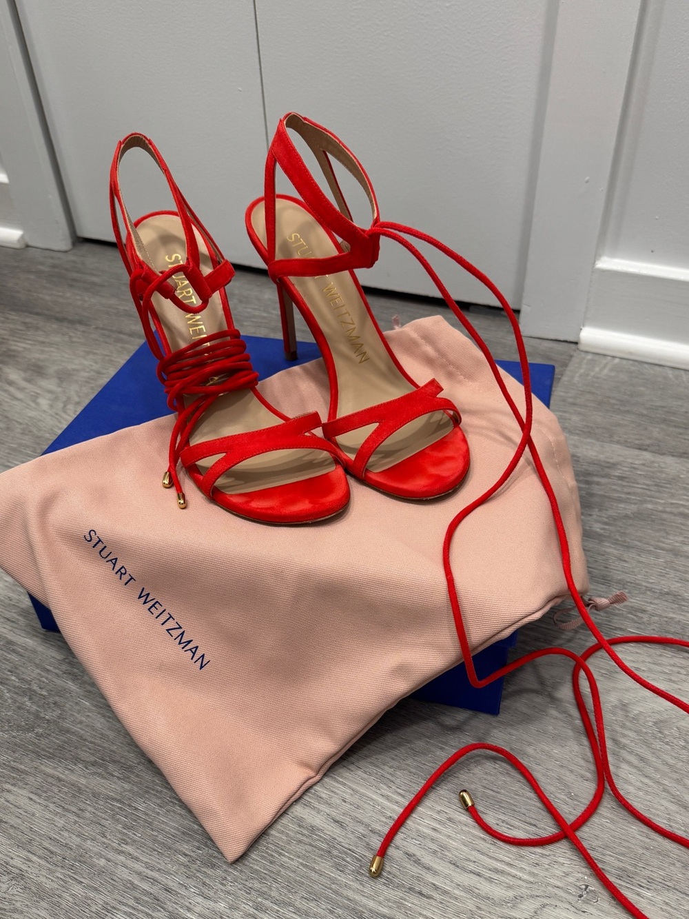 Stuart Weitzman Vibrant Coral Red Wrap-Around Stiletto Sandals - suede